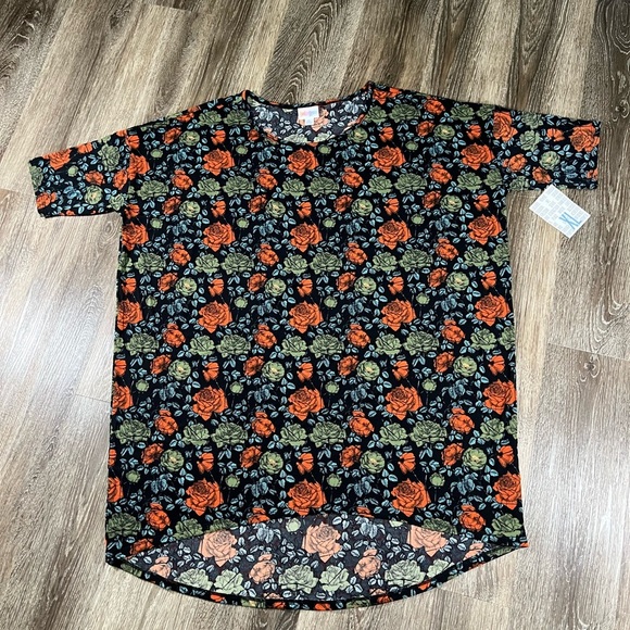 NWT Lularoe Irma Blouse Orange and Green Roses on black background, sz:XL - Picture 1 of 4